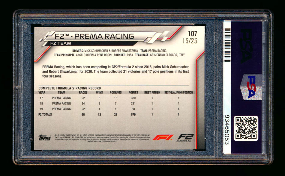 2020 Topps Chrome F1 #107 Prema Racing RC Orange Wave Refractor #15/25 PSA 8 ** (SOLD eBay - $59.00 - 2/3/2026) **