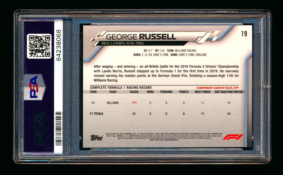 2020 Topps Chrome F1 #19 George Russell RC Refractor Image Variation SP PSA 10