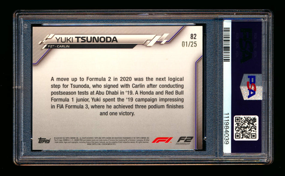 2020 Topps Chrome Sapphire F1 #82 Yuki Tsunoda RC Orange Refractor #01/25 PSA 9 (First #!)