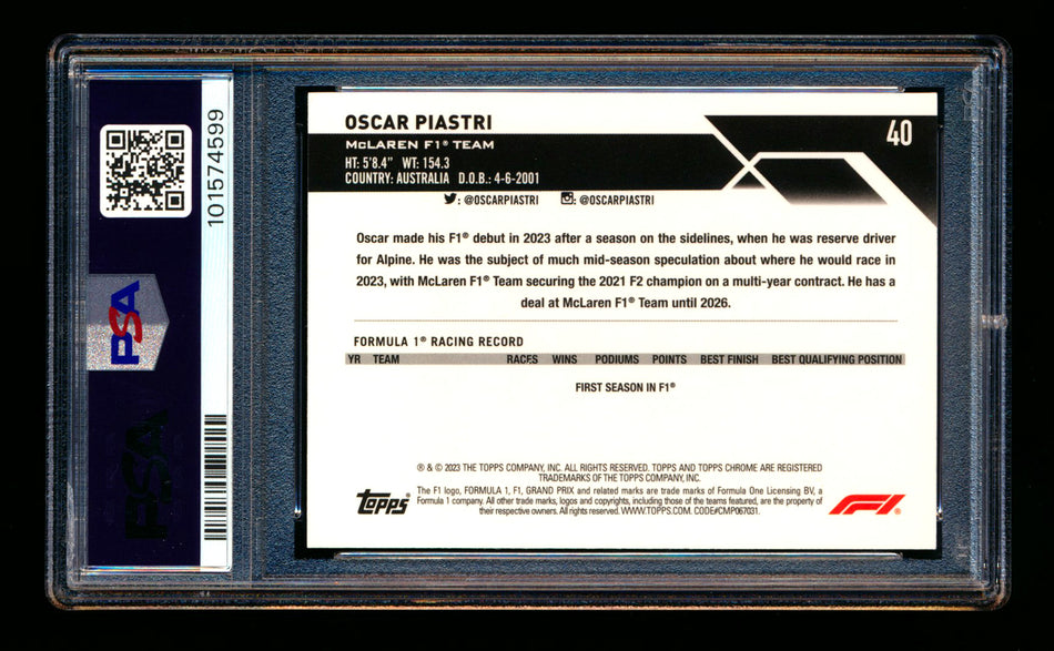 2023 Topps Chrome Sapphire F1 #40 Oscar Piastri RC Aqua Refractor Portrait #34/99 PSA 9