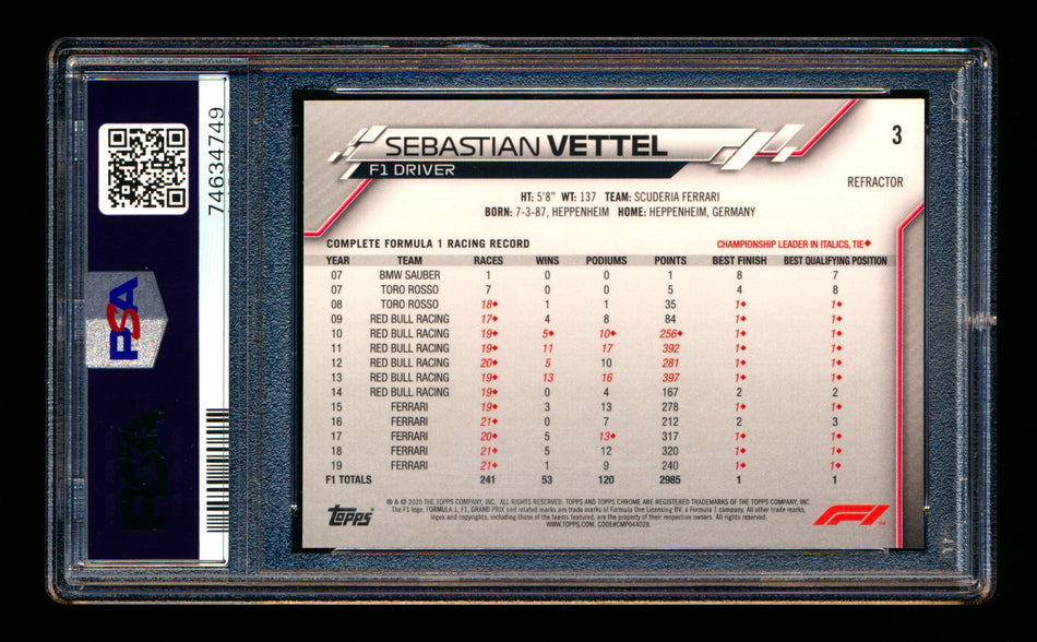 2020 Topps Chrome F1 #3 Sebastian Vettel RC Refractor Portrait PSA 9