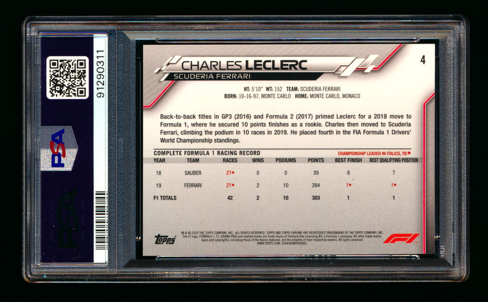 2020 Topps Chrome F1 #4 Charles Leclerc RC Refractor Image Variation SP PSA 10 ** (SOLD eBay - $1,100.00 - 2/13/2026) **