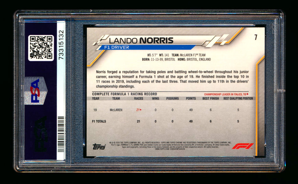 2020 Topps Chrome F1 #7 Lando Norris RC 70th Anniversary Orange Refractor Portrait PSA 9 ** (SOLD - $749.00 - 2/26/2026) **