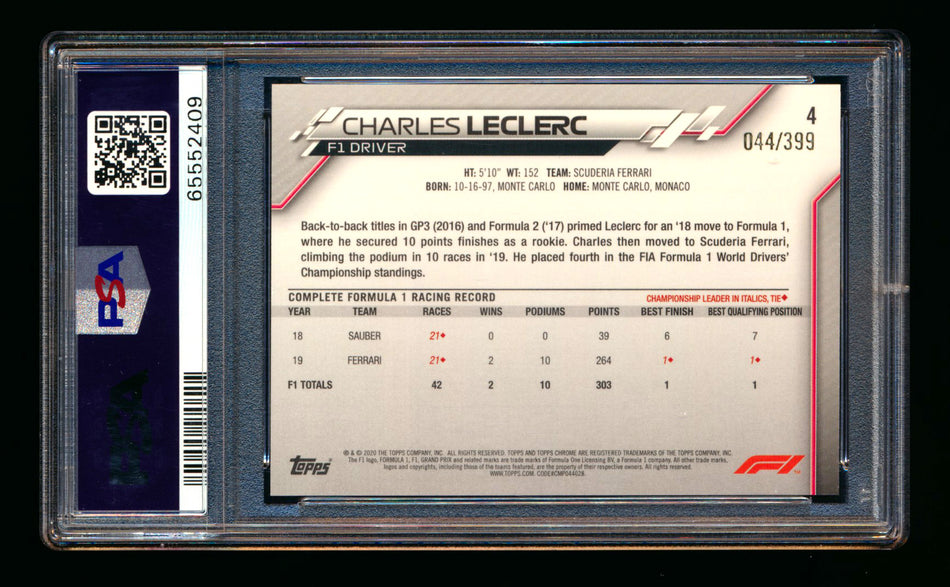 2020 Topps Chrome F1 #4 Charles Leclerc RC Purple Refractor Portrait #044/399 PSA 9 ** (SOLD eBay - $249.00 - 3/16/2026) **