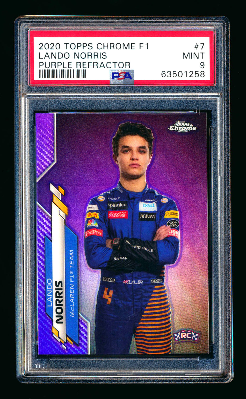 2020 Topps Chrome F1 #7 Lando Norris RC Purple Refractor Portrait #392/399 PSA 9
