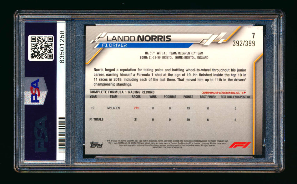 2020 Topps Chrome F1 #7 Lando Norris RC Purple Refractor Portrait #392/399 PSA 9