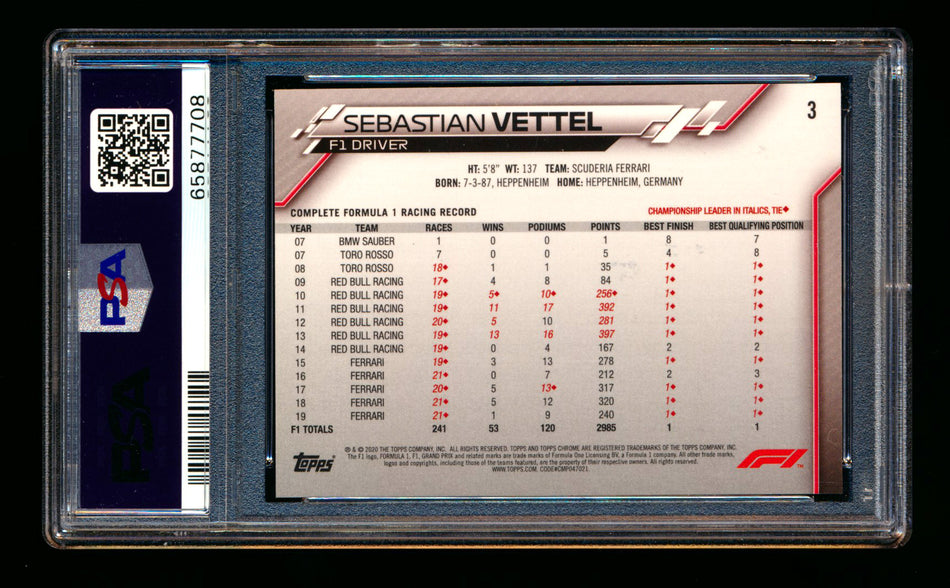 2020 Topps Chrome Sapphire F1 #3 Sebastian Vettel RC Refractor Portrait PSA 10 ** (SOLD eBay - $95.00 - 2/8/2026) **