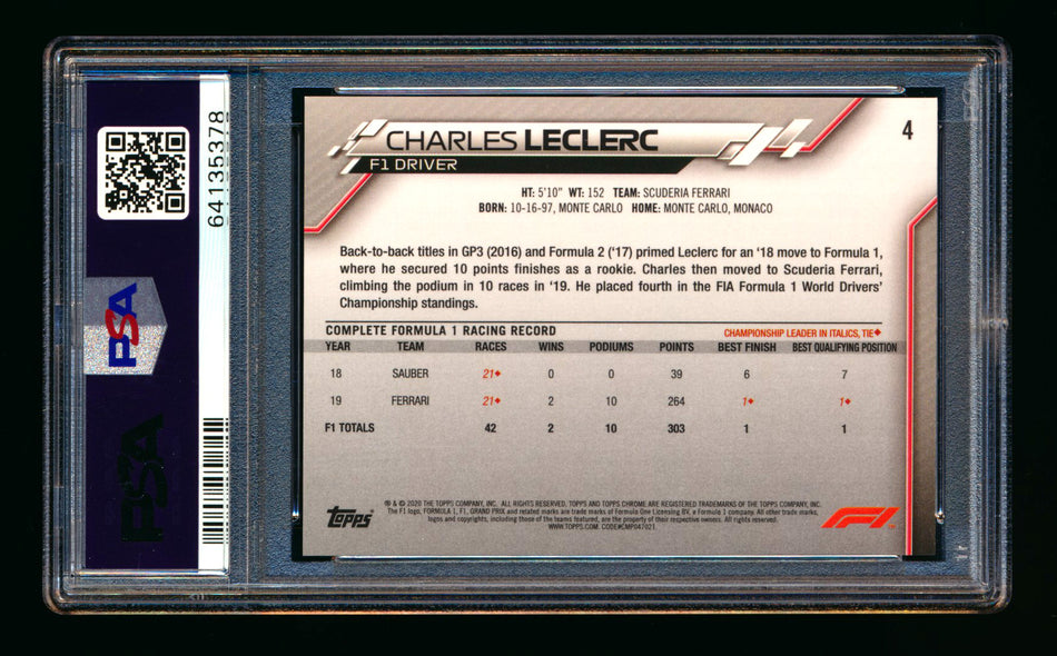 2020 Topps Chrome Sapphire F1 #4 Charles Leclerc RC Refractor Portrait PSA 10 ** (SOLD eBay - $195.00 - 2/19/2026) **