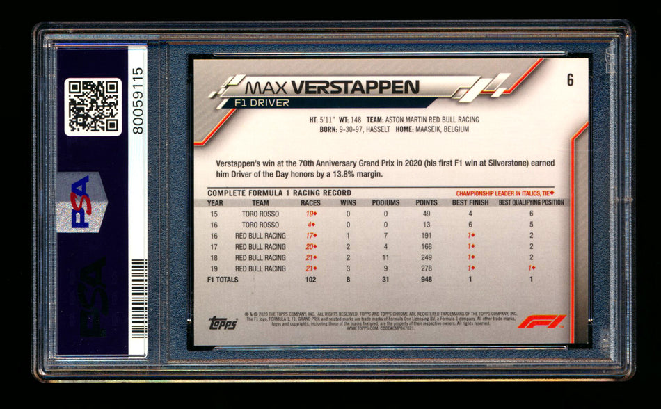2020 Topps Chrome Sapphire F1 #6 Max Verstappen RC Refractor Portrait PSA 10 ** (SOLD eBay - $749.00 - 2/26/2026) **