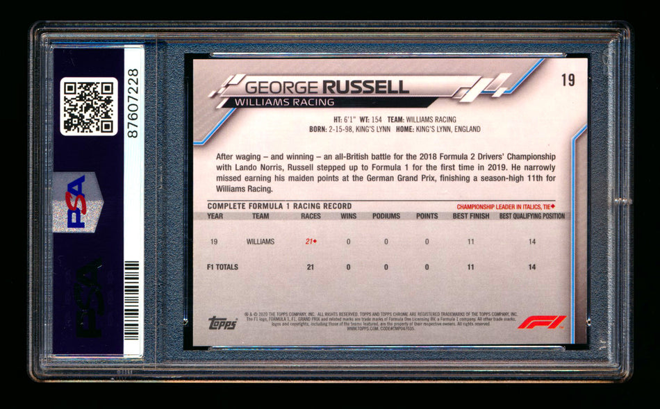 2020 Topps Chrome Sapphire F1 #19 George Russell RC Refractor Image Variation SP PSA 10 ** (SOLD eBay - $349.00 - 2/9/2026) **