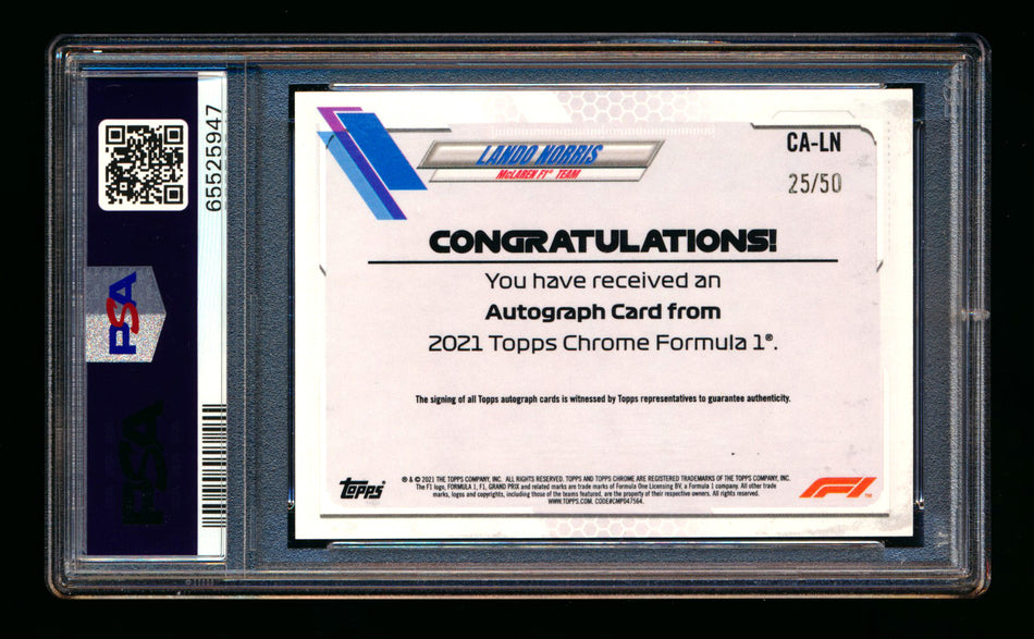 2021 Topps Chrome F1 #CA-LN Lando Norris Gold Refractor Autograph #25/50 PSA 9 DNA 10 ** (SOLD eBay - $949.00 - 2/28/2026) **