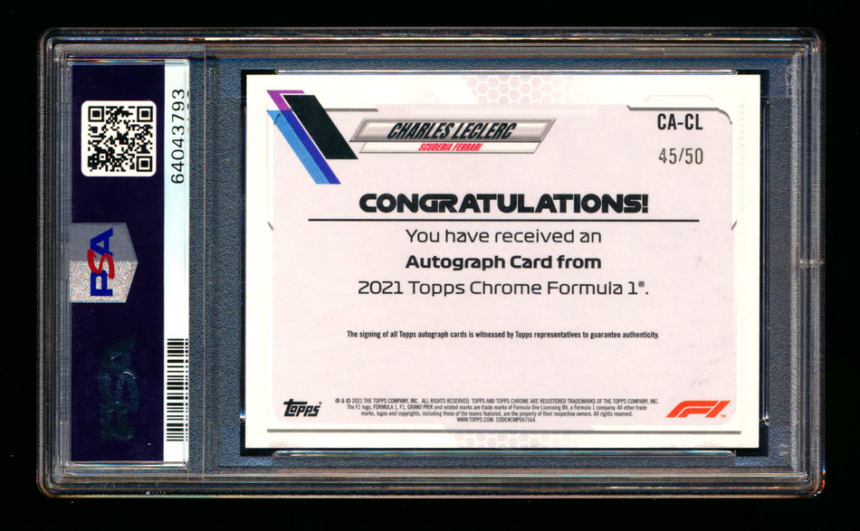 2021 Topps Chrome F1 #CA-CL Charles Leclerc Gold Wave Refractor Autograph #45/50 PSA 10 ** (SOLD eBay - $1,250.00 - 3/25/2026) **