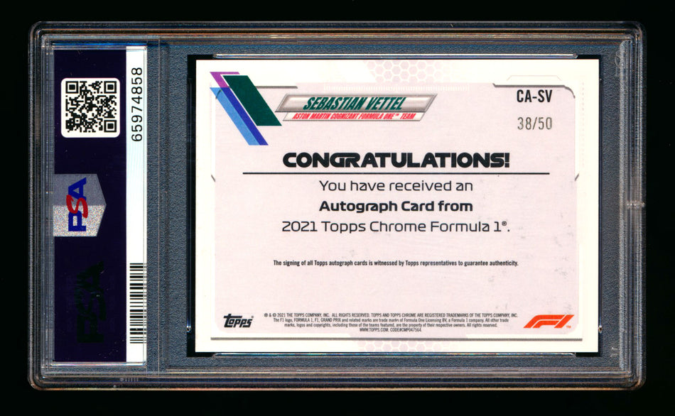 2021 Topps Chrome F1 #CA-SV Sebastian Vettel Gold Wave Refractor Autograph #38/50 PSA 10