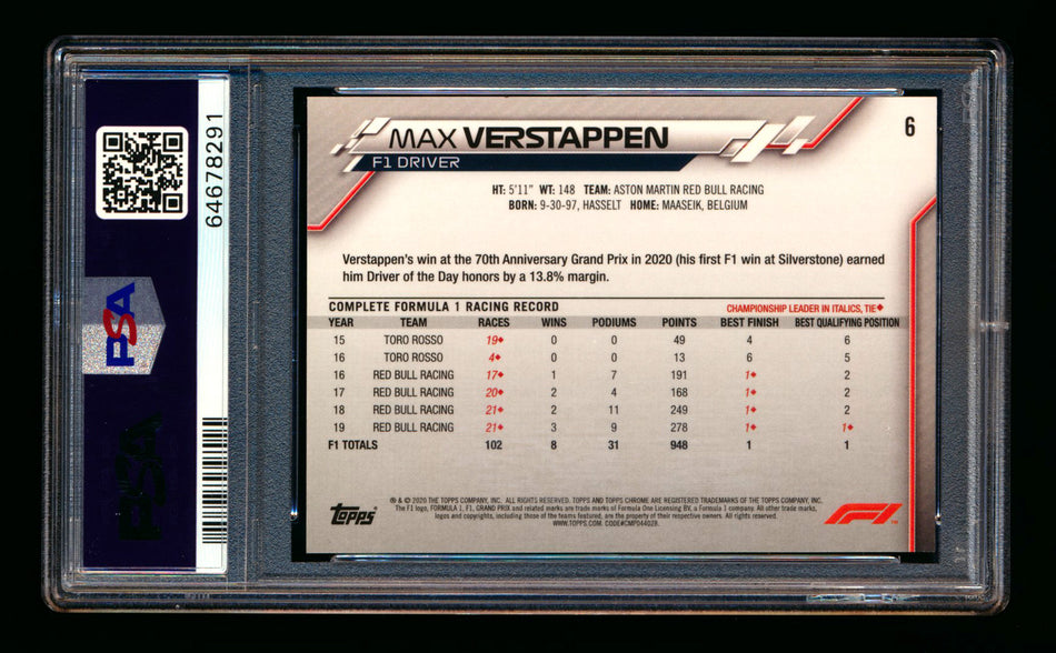 2020 Topps Chrome F1 #6 Max Verstappen RC Portrait PSA 10  ** (SOLD eBay - $349.00 - 2/20/2026) **