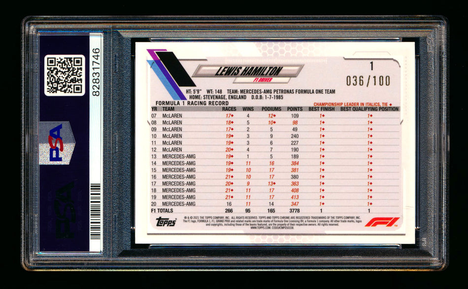 2021 Topps Chrome Sapphire F1 #1 Lewis Hamilton Negative Refractor Portrait #036/100 PSA 9 ** (SOLD eBay - $109.00 - 3/2/2026) **
