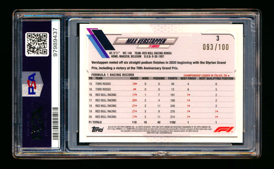 2021 Topps Chrome Sapphire F1 #3 Max Verstappen Negative Refractor Portrait #093/100 PSA 10