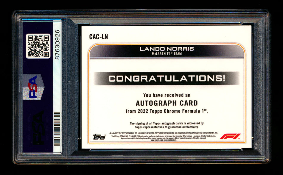 2022 Topps Chrome F1 #CAC-LN Lando Norris Refractor Autograph PSA 9 DNA 10 ** (SOLD eBay - $695.00 - 5/26/2026) **