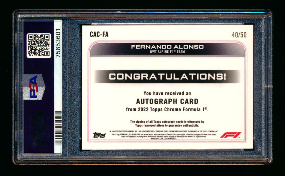 2022 Topps Chrome F1 #CAC-FA Fernando Alonso Gold Wave Refractor Autograph #40/50 PSA 10 ** (SOLD eBay - $425.00 - 5/4/2026) **