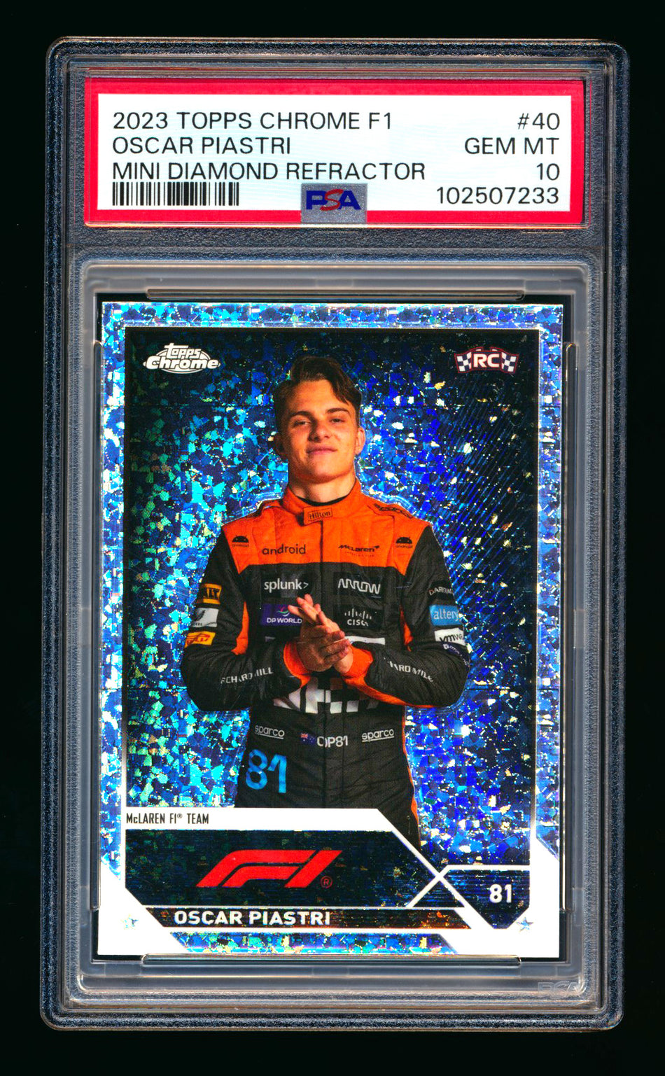 2023 Topps Chrome F1 #40 Oscar Piastri RC Mini Diamond Refractor Portrait #185/299 PSA 10