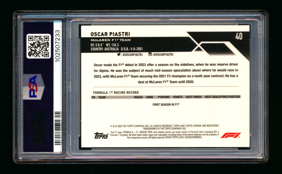 2023 Topps Chrome F1 #40 Oscar Piastri RC Mini Diamond Refractor Portrait #185/299 PSA 10