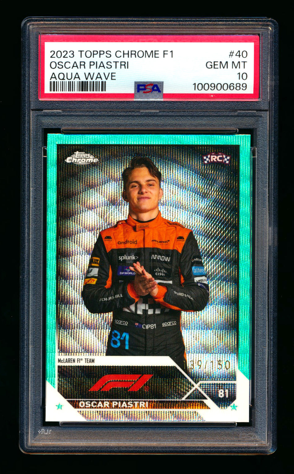 2023 Topps Chrome F1 #40 Oscar Piastri RC Aqua Wave Refractor Portrait #139/150 PSA 10