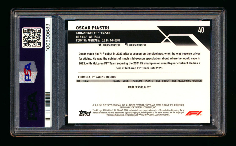 2023 Topps Chrome F1 #40 Oscar Piastri RC Aqua Wave Refractor Portrait #139/150 PSA 10
