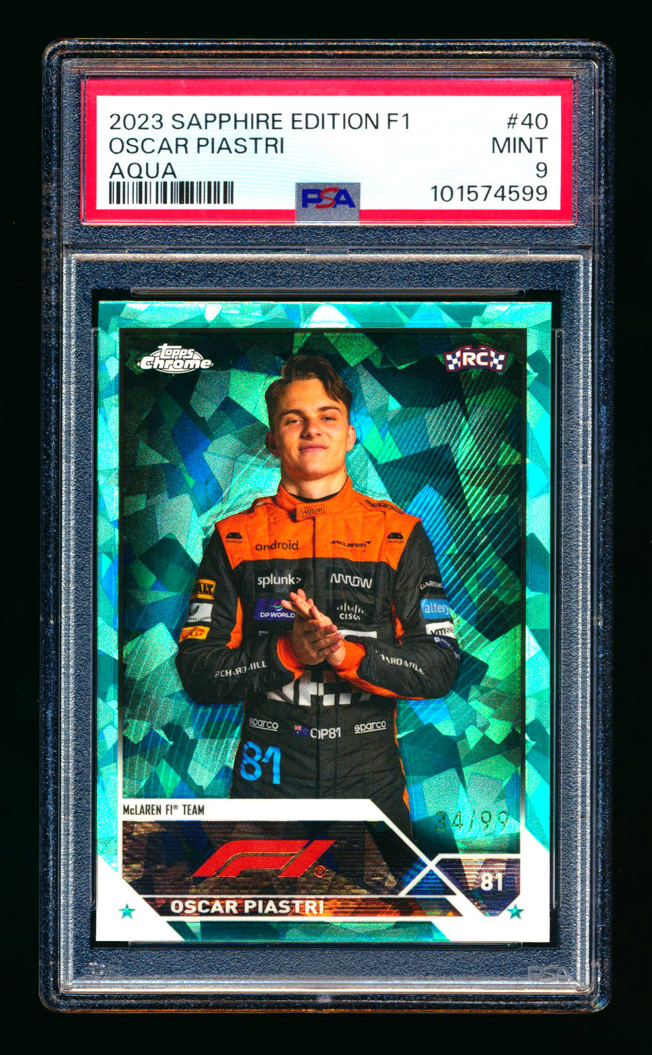 2023 Topps Chrome Sapphire F1 #40 Oscar Piastri RC Aqua Refractor Portrait #34/99 PSA 9