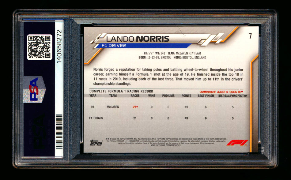 2020 Topps Chrome Sapphire F1 #7 Lando Norris RC Refractor Portrait PSA 8