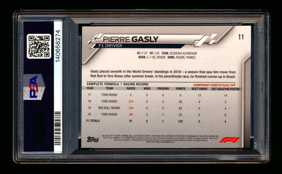 2020 Topps Chrome Sapphire F1 #11 Pierre Gasly RC Refractor Portrait PSA 10