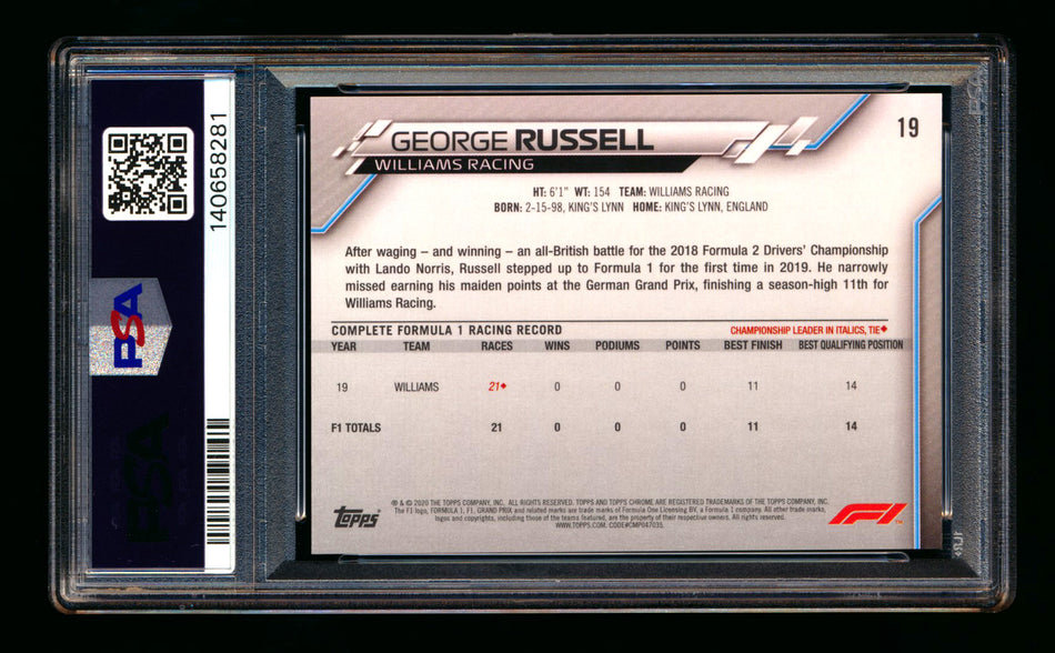 2020 Topps Chrome Sapphire F1 #19 George Russell RC Refractor Image Variation SP PSA 9