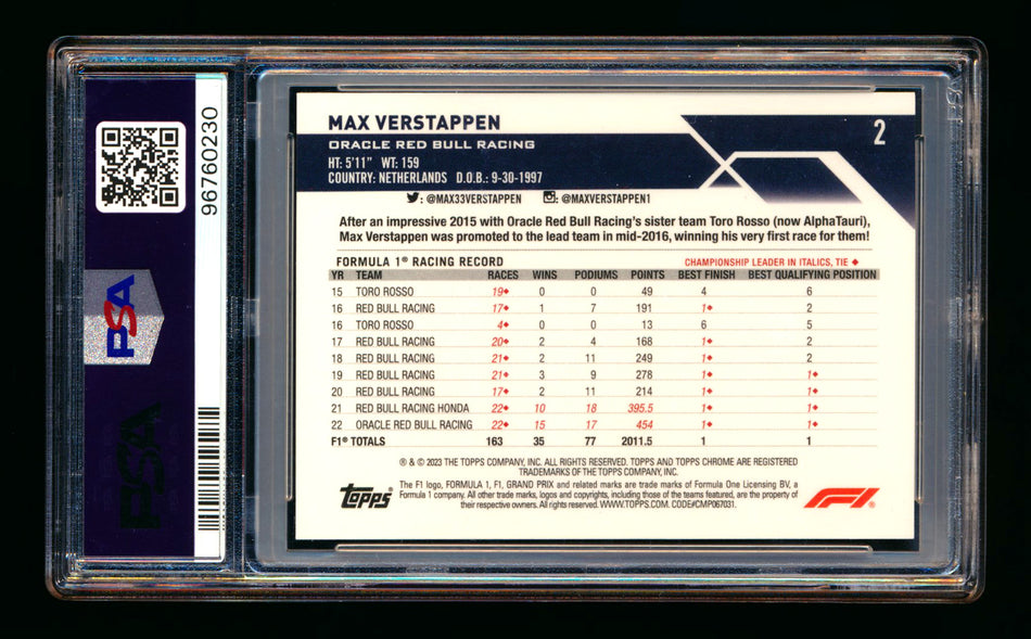 2023 Topps Chrome F1 #2 Max Verstappen Red Refractor #2/5 PSA 9 ** (SOLD - $500.00 - 5/5/2026) **