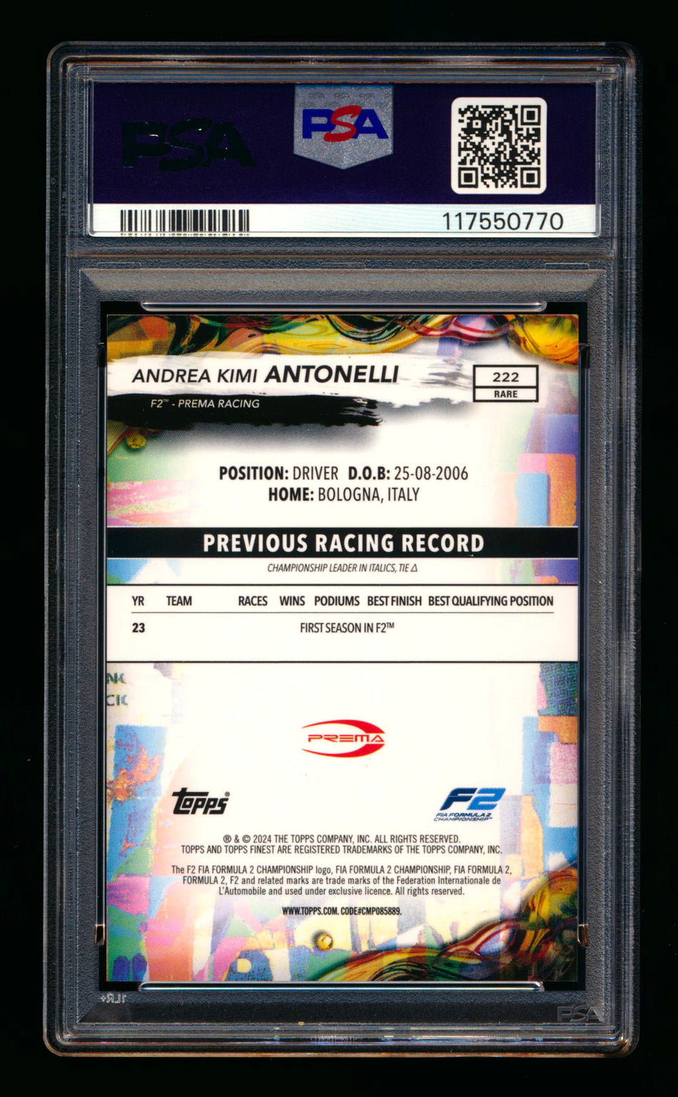 2024 Topps Finest F1 #222 Andrea Kimi Antonelli RC Blue Refractor #66/99 PSA 10 ** (SOLD eBay - $349.00 - 3/29/2026) **