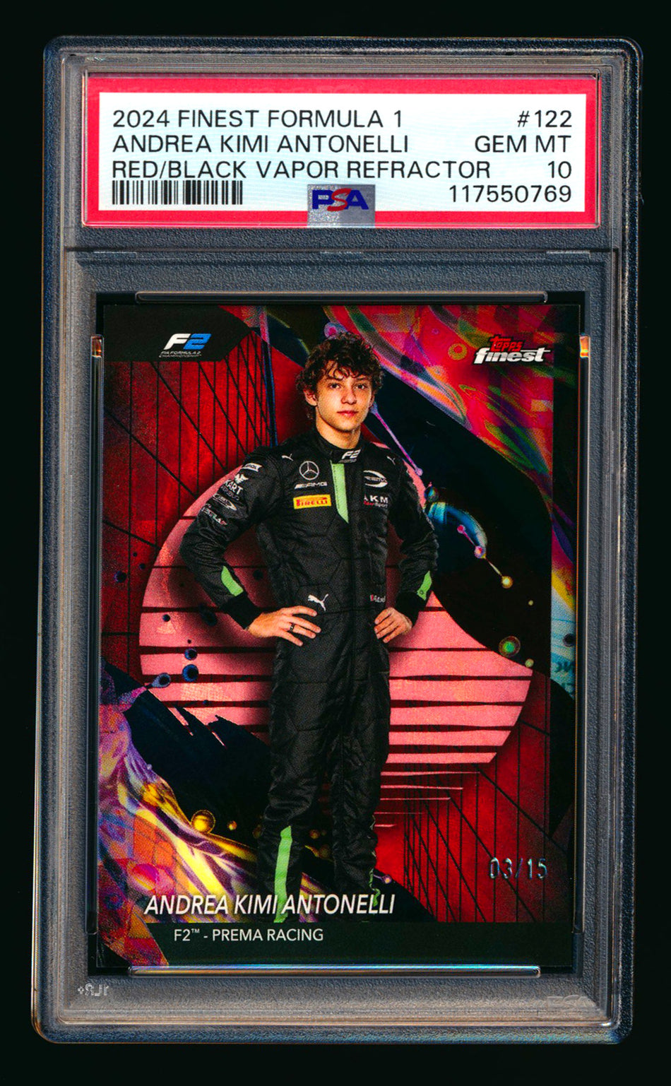 2024 Topps Finest F1 #122 Andrea Kimi Antonelli RC Red/Black Vapor Refractor #03/15 PSA 10 ** (SOLD eBay - $1,295.00 - 3/29/2026) **