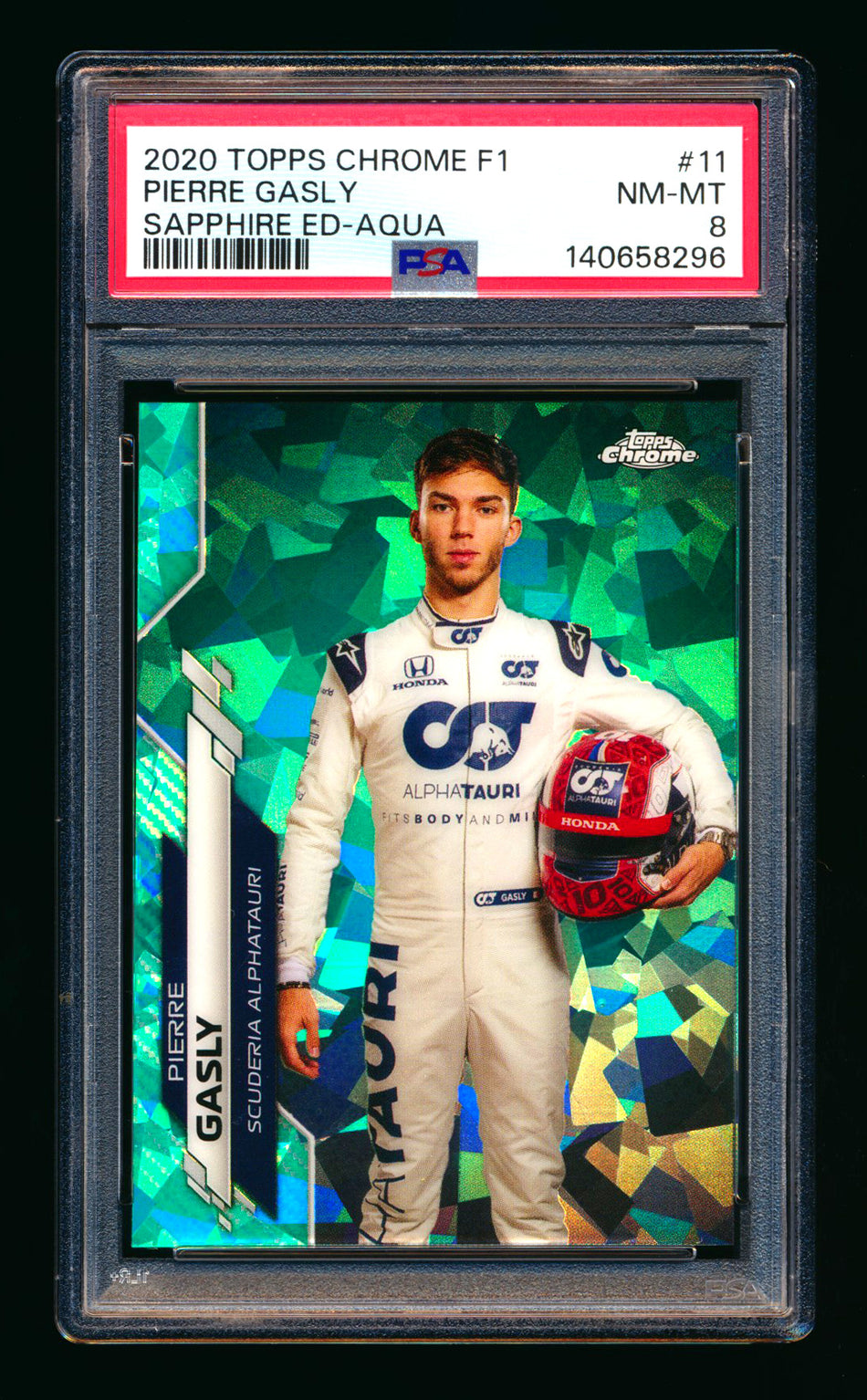 2020 Topps Chrome Sapphire F1 #11 Pierre Gasly RC Aqua Refractor Portrait #05/99 PSA 8
