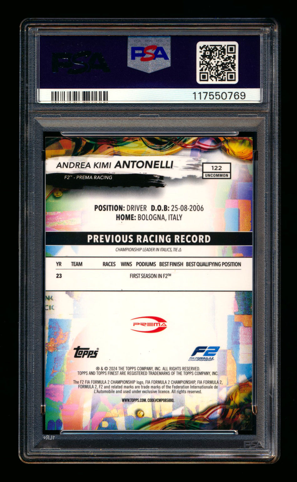2024 Topps Finest F1 #122 Andrea Kimi Antonelli RC Red/Black Vapor Refractor #03/15 PSA 10 ** (SOLD eBay - $1,295.00 - 3/29/2026) **
