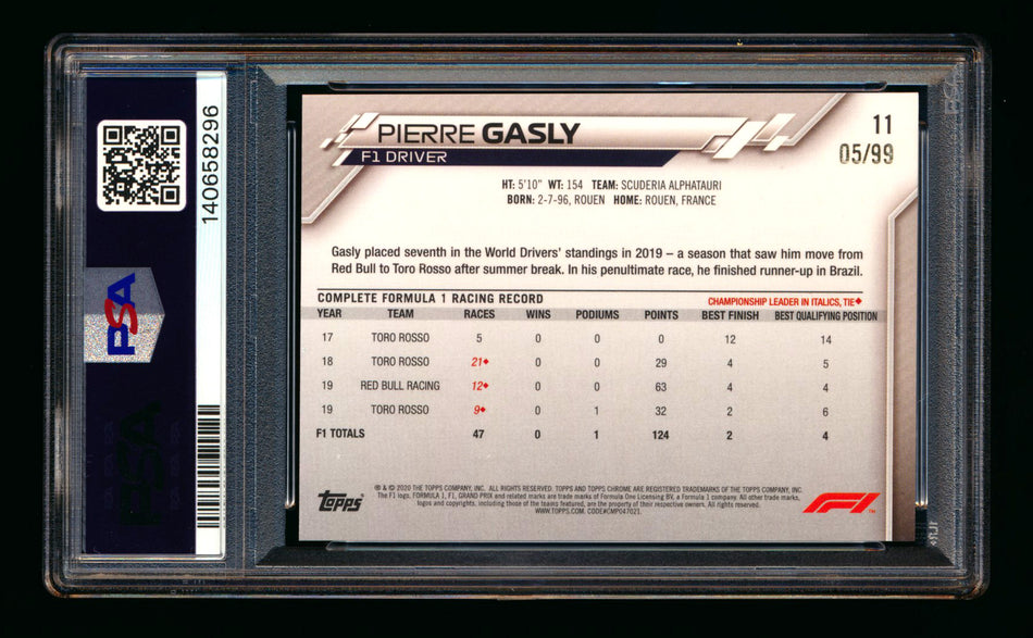 2020 Topps Chrome Sapphire F1 #11 Pierre Gasly RC Aqua Refractor Portrait #05/99 PSA 8