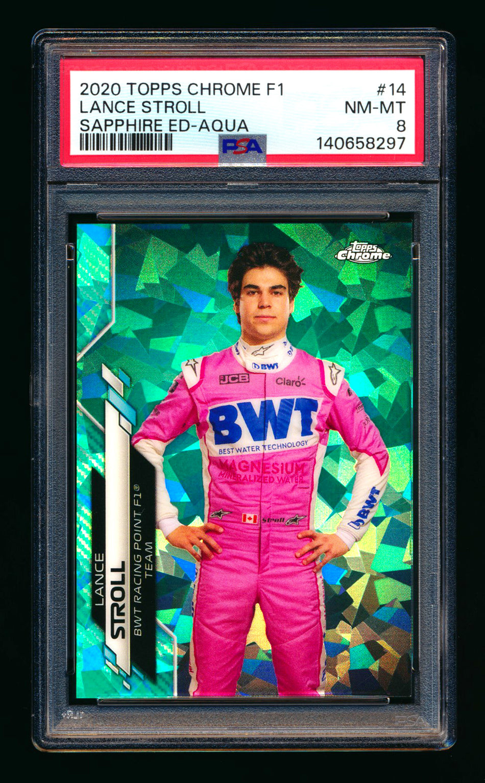 2020 Topps Chrome Sapphire F1 #14 Lance Stroll RC Aqua Refractor Portrait #46/99 PSA 8