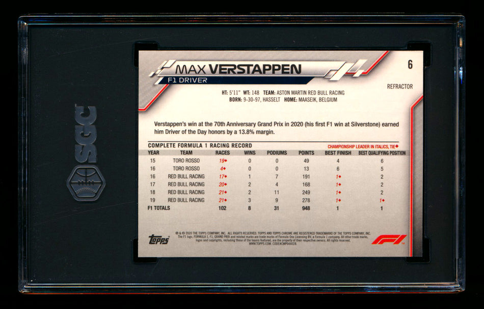 2020 Topps Chrome F1 #6 Max Verstappen RC Refractor Portrait SGC 10