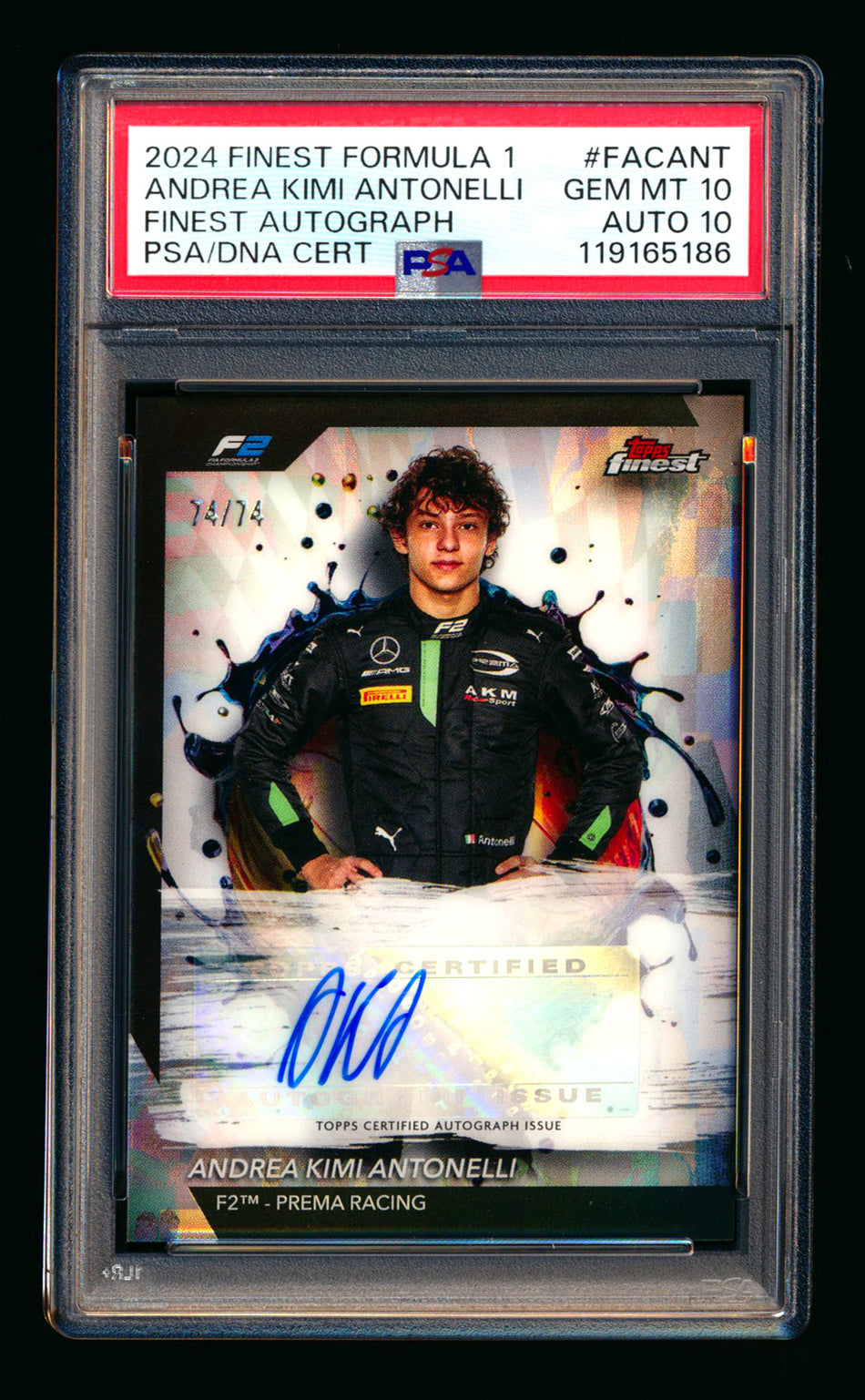 2024 Topps Finest F1 #FAC-ANT Andrea Kimi Antonelli RC Refractor Autograph #74/74 PSA 10 DNA 10 (Last #!) ** (SOLD eBay - $2,495.00 - 5/3/2026) **