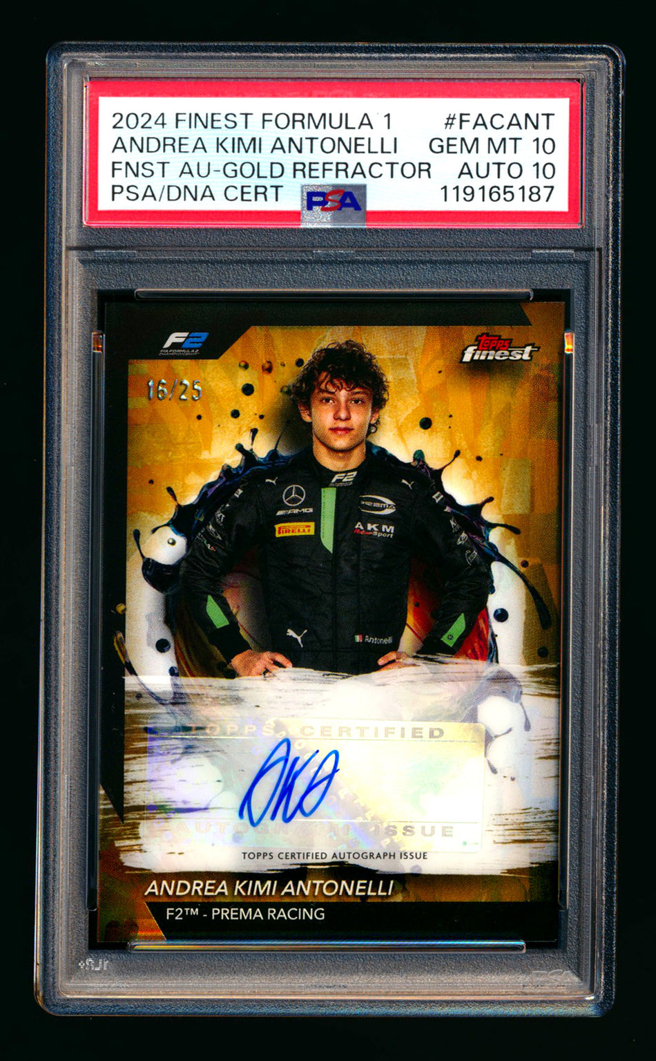 2024 Topps Finest F1 #FAC-ANT Andrea Kimi Antonelli RC Gold Refractor Autograph #16/25 PSA 10 DNA 10 ** (SOLD eBay - $3,795.00 - 5/2/2026) **