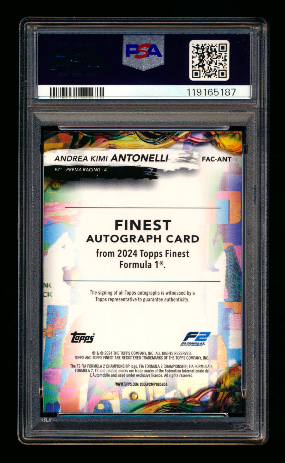 2024 Topps Finest F1 #FAC-ANT Andrea Kimi Antonelli RC Gold Refractor Autograph #16/25 PSA 10 DNA 10 ** (SOLD eBay - $3,795.00 - 5/2/2026) **