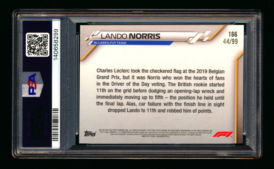 2020 Topps Chrome Sapphire F1 #166 Lando Norris RC Aqua Refractor #44/99 PSA 8