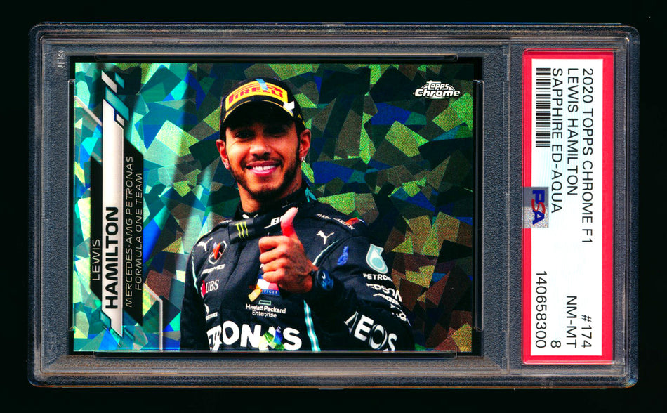 2020 Topps Chrome Sapphire F1 #174 Lewis Hamilton RC Aqua Refractor #21/99 PSA 8 ** (SOLD eBay - $139.00 - 4/18/2026) **