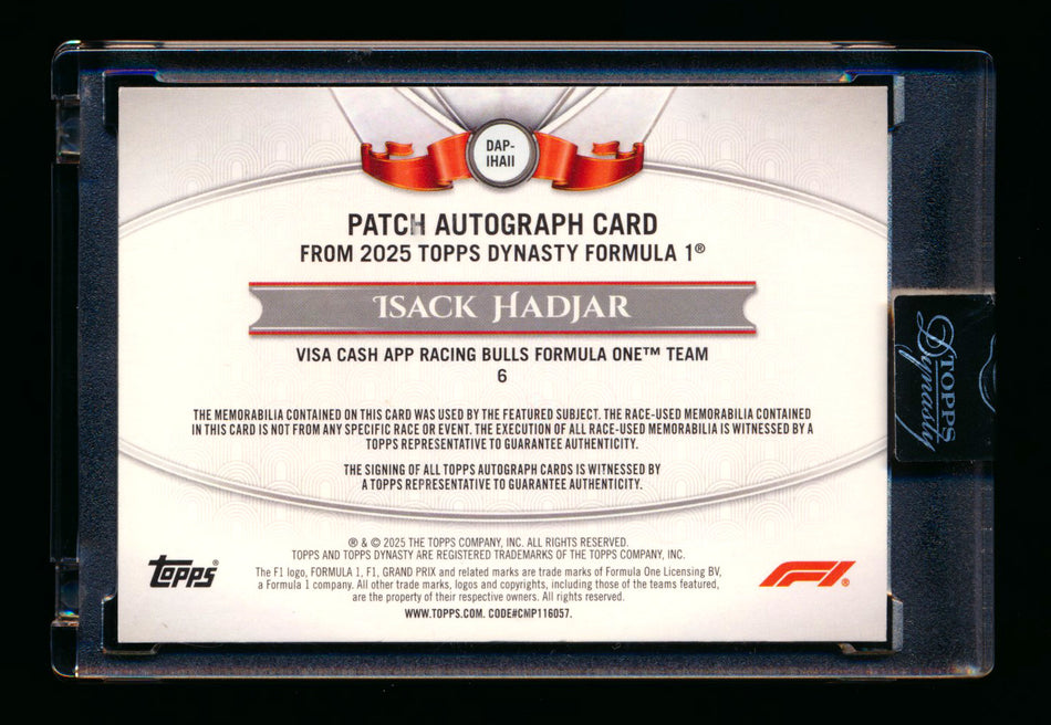 2025 Topps Dynasty F1 #DAP-IHAII Isack Hadjar RC ROOKIE Patch Autograph #10/10 (Last #!)