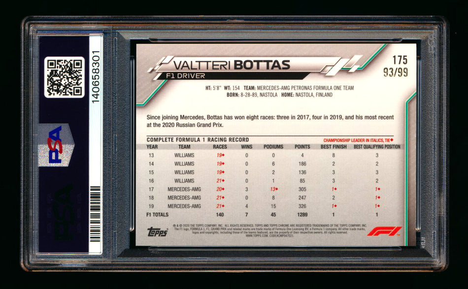 2020 Topps Chrome Sapphire F1 #175 Valtteri Bottas RC Aqua Refractor #93/99 PSA 8