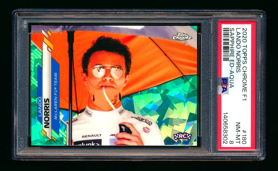 2020 Topps Chrome Sapphire F1 #180 Lando Norris RC Aqua Refractor #27/99 PSA 8