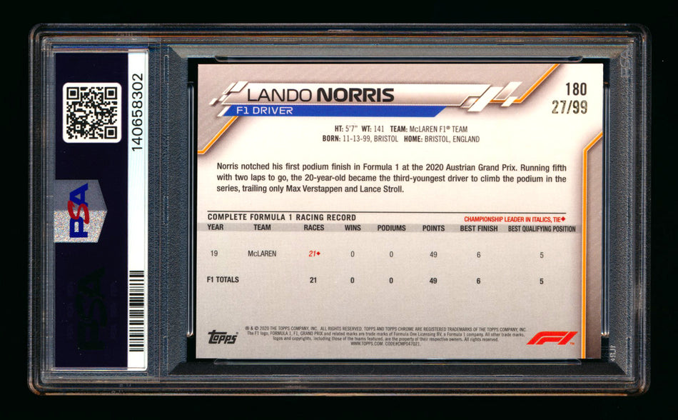 2020 Topps Chrome Sapphire F1 #180 Lando Norris RC Aqua Refractor #27/99 PSA 8