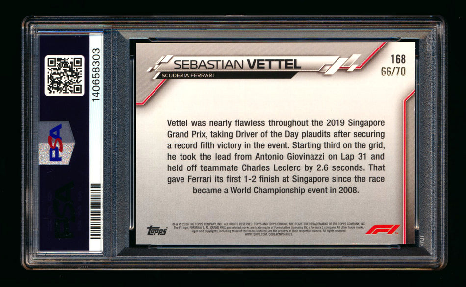 2020 Topps Chrome Sapphire F1 #168 Sebastian Vettel RC 70th Silver Refractor #66/70 PSA 9