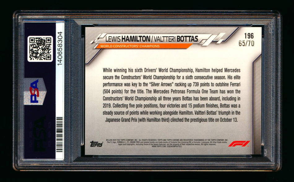 2020 Topps Chrome Sapphire F1 #196 Lewis Hamilton Valtteri Bottas RC 70th Silver Refractor #65/70 PSA 9