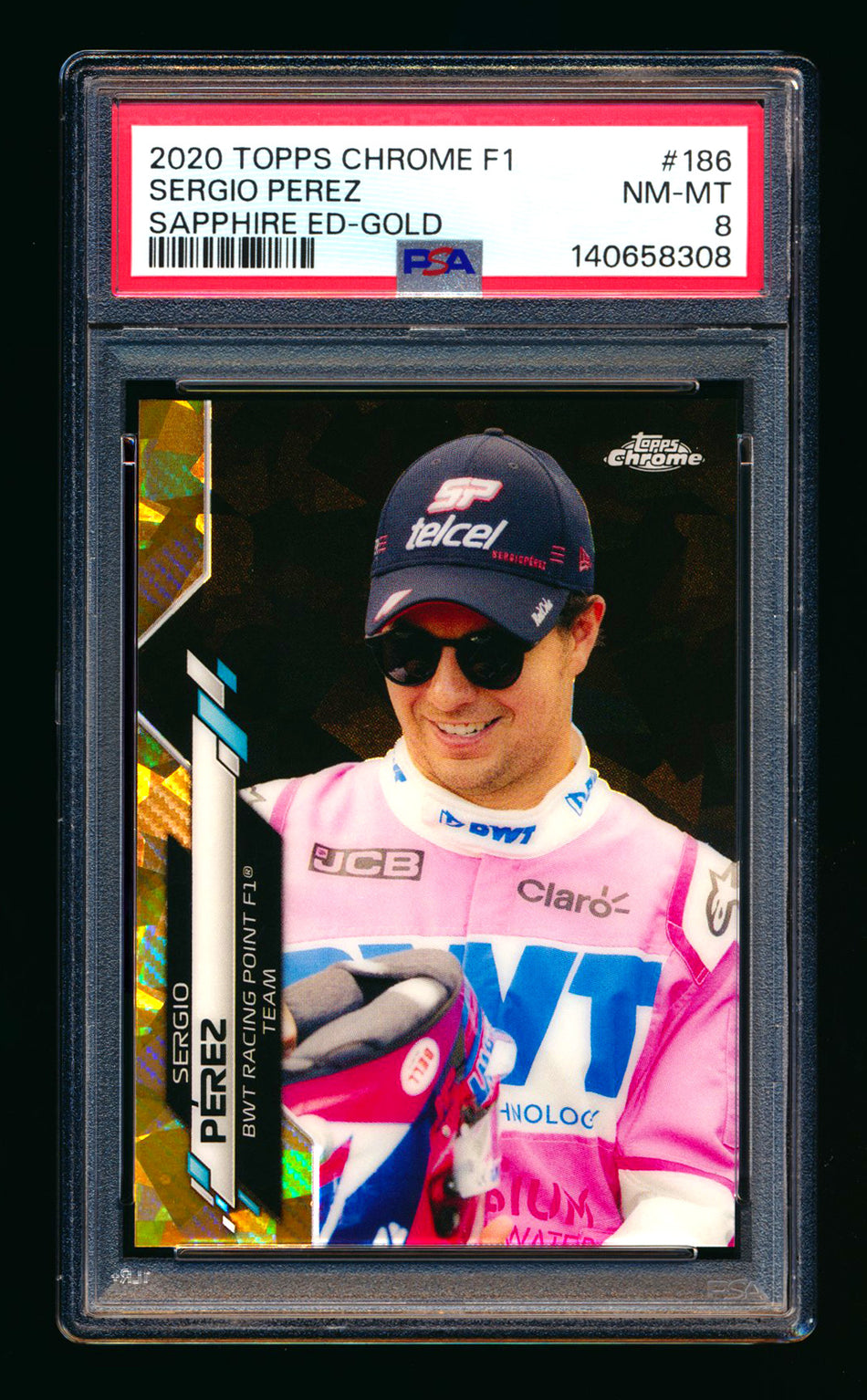 2020 Topps Chrome Sapphire F1 #186 Sergio Perez RC Gold Refractor #41/50 PSA 8